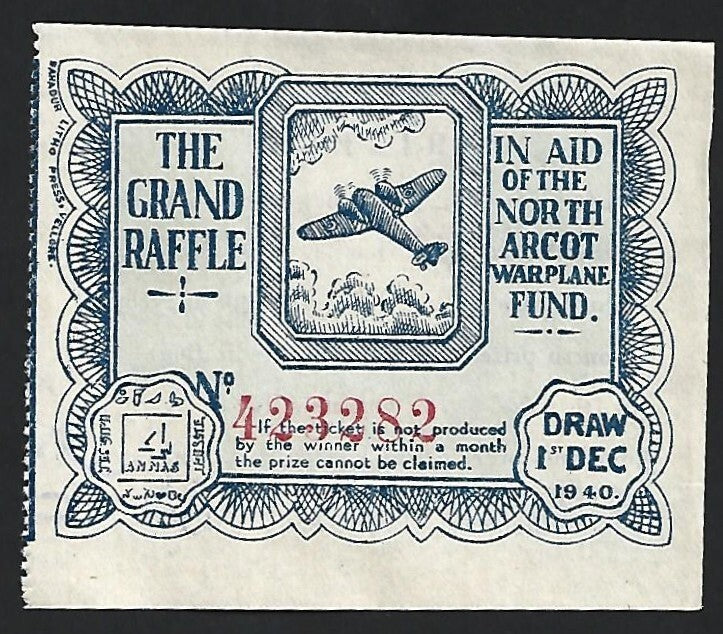 India WW2 NORTH ARCOT WAR PLANE FUND 4a donation coupon