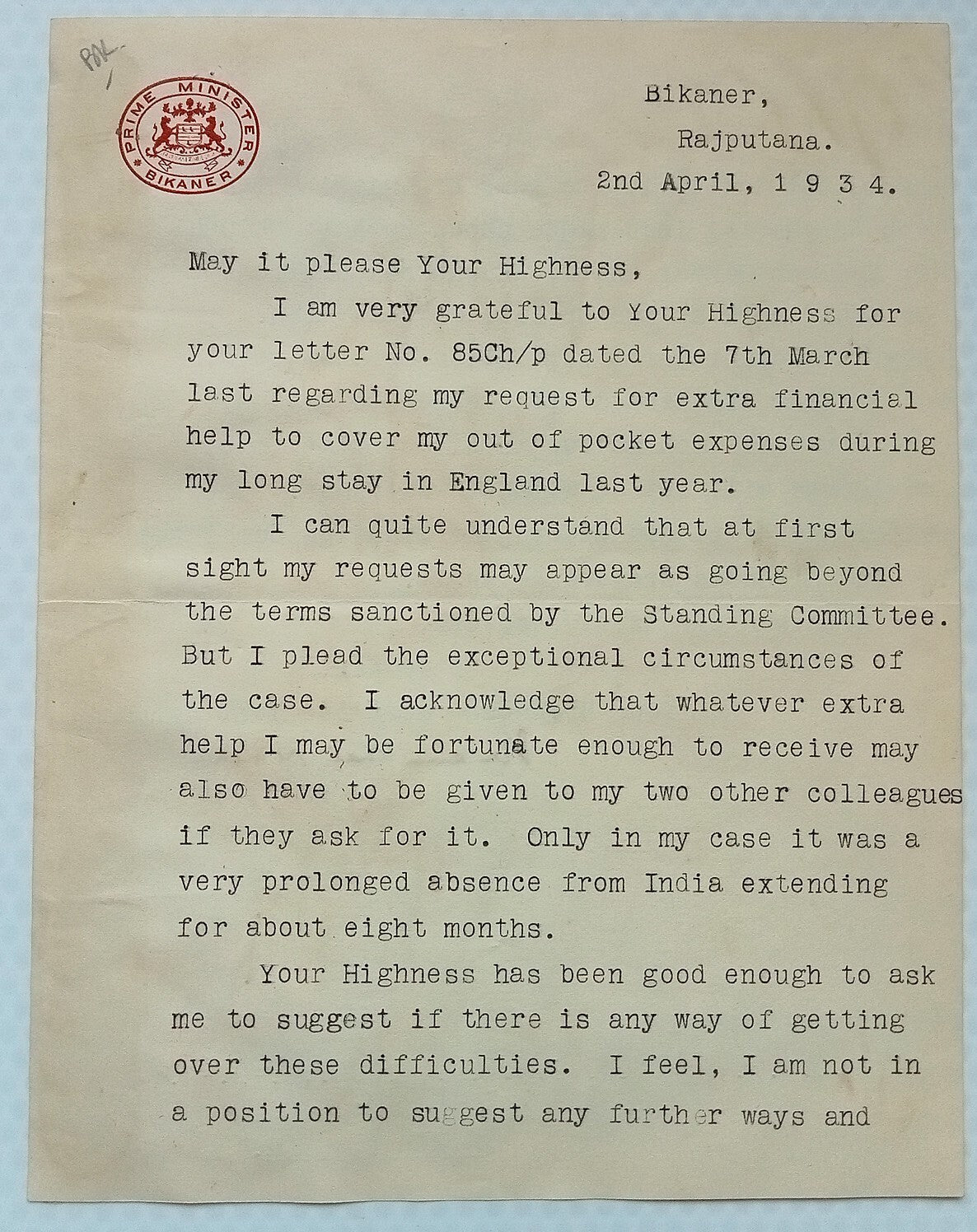 BIKANER STATE PRIME MINISTER signed crested letter 1934 India