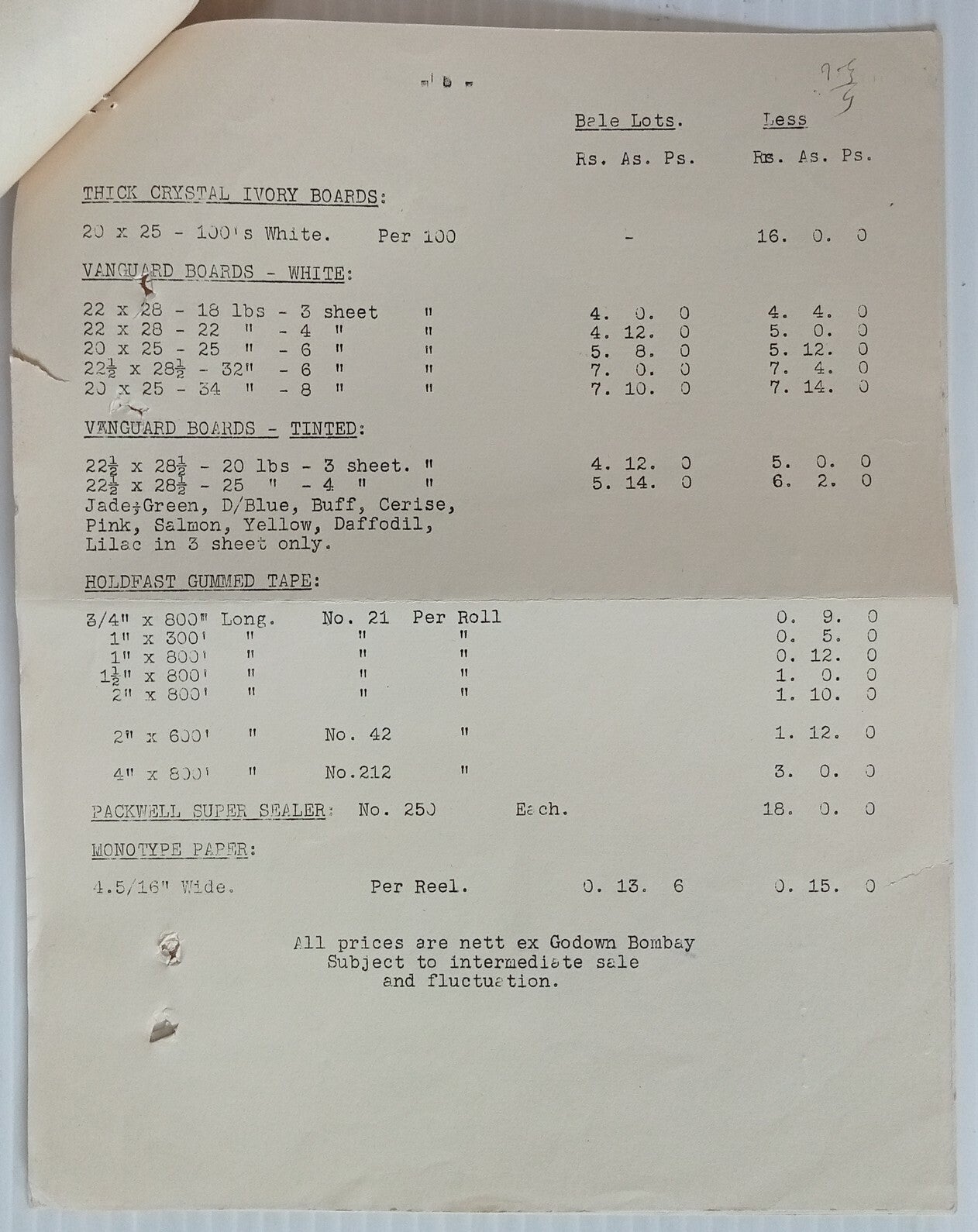 AOP 1938 India John Dickinson & Co. Bombay Paper Stock & Price List