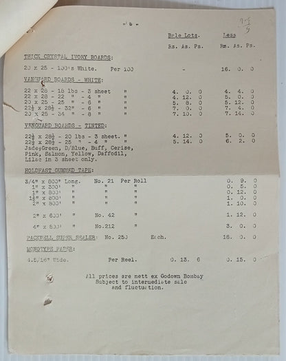 AOP 1938 India John Dickinson & Co. Bombay Paper Stock & Price List