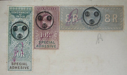 India 1907 Deed of Charge document with Special Adhesive QV 8R & KEdVII 10R, 50R