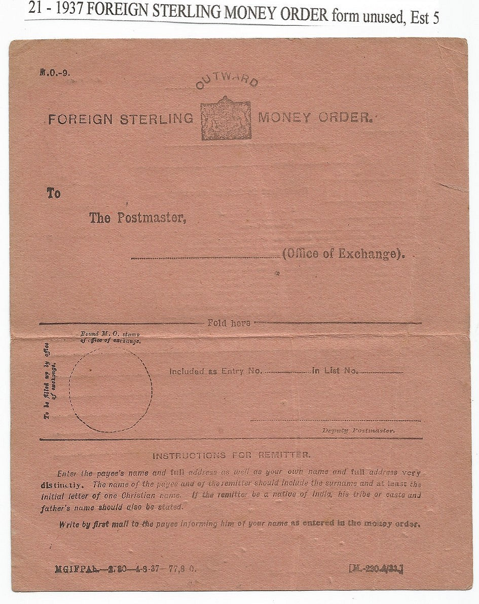 India 1937 OUTWARD FOREIGN STERLING MONEY ORDER form