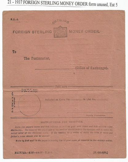 India 1937 OUTWARD FOREIGN STERLING MONEY ORDER form