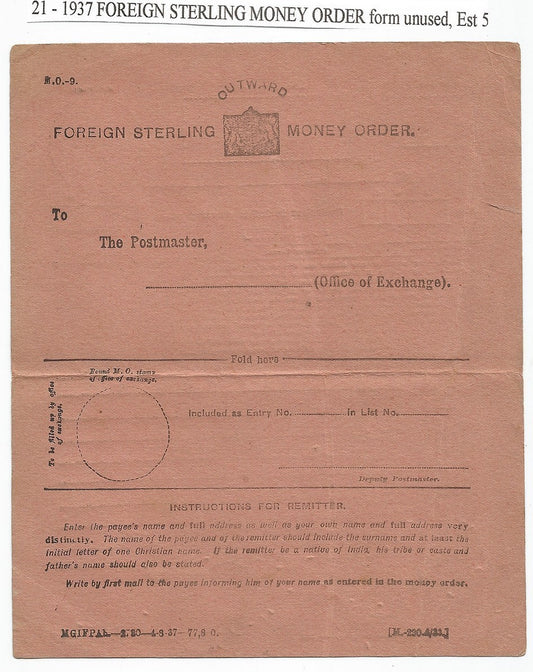 India 1937 OUTWARD FOREIGN STERLING MONEY ORDER form