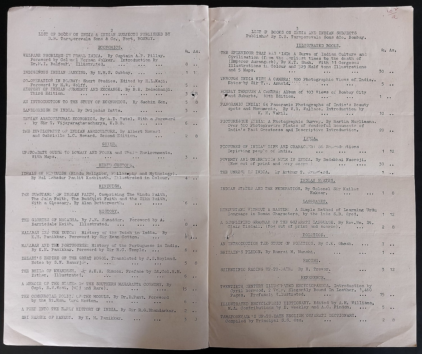 AOP 1938 Taraporewala list of books on Indian subjects