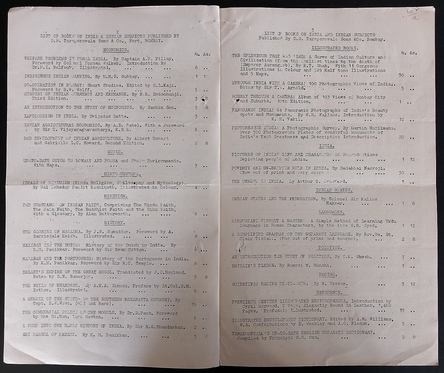 AOP 1938 Taraporewala list of books on Indian subjects