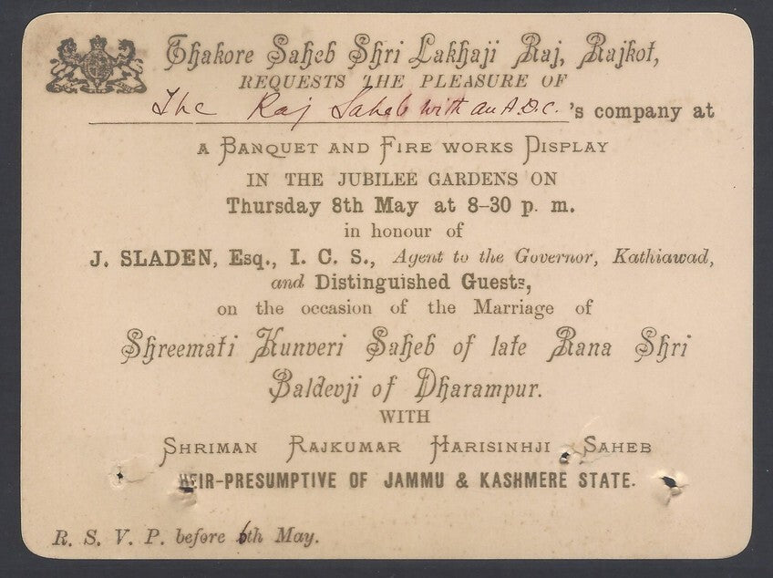 AOP India vintage invitation card Harisingh Heir Jammu Kashmere State