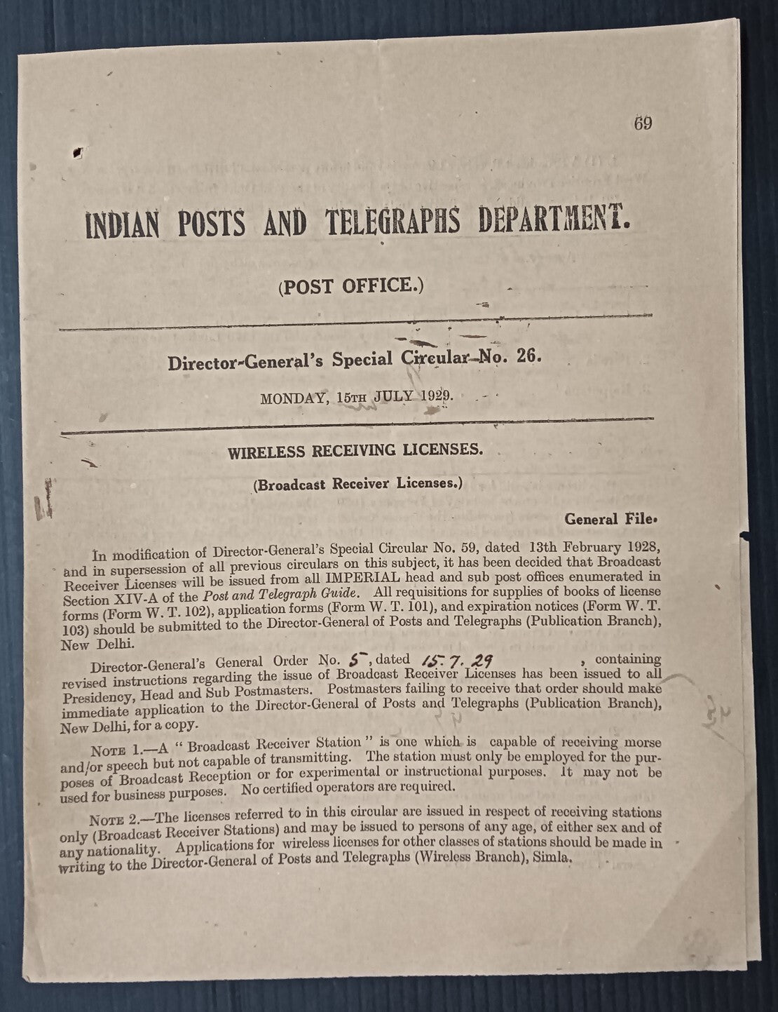 India 1929 DG'S POSTAL CIRCULAR Wireless Receiving Licences