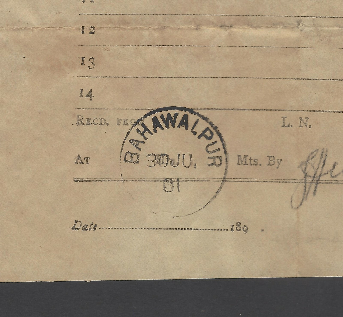 India 1901 telegram cancelled sc BAHAWALPUR