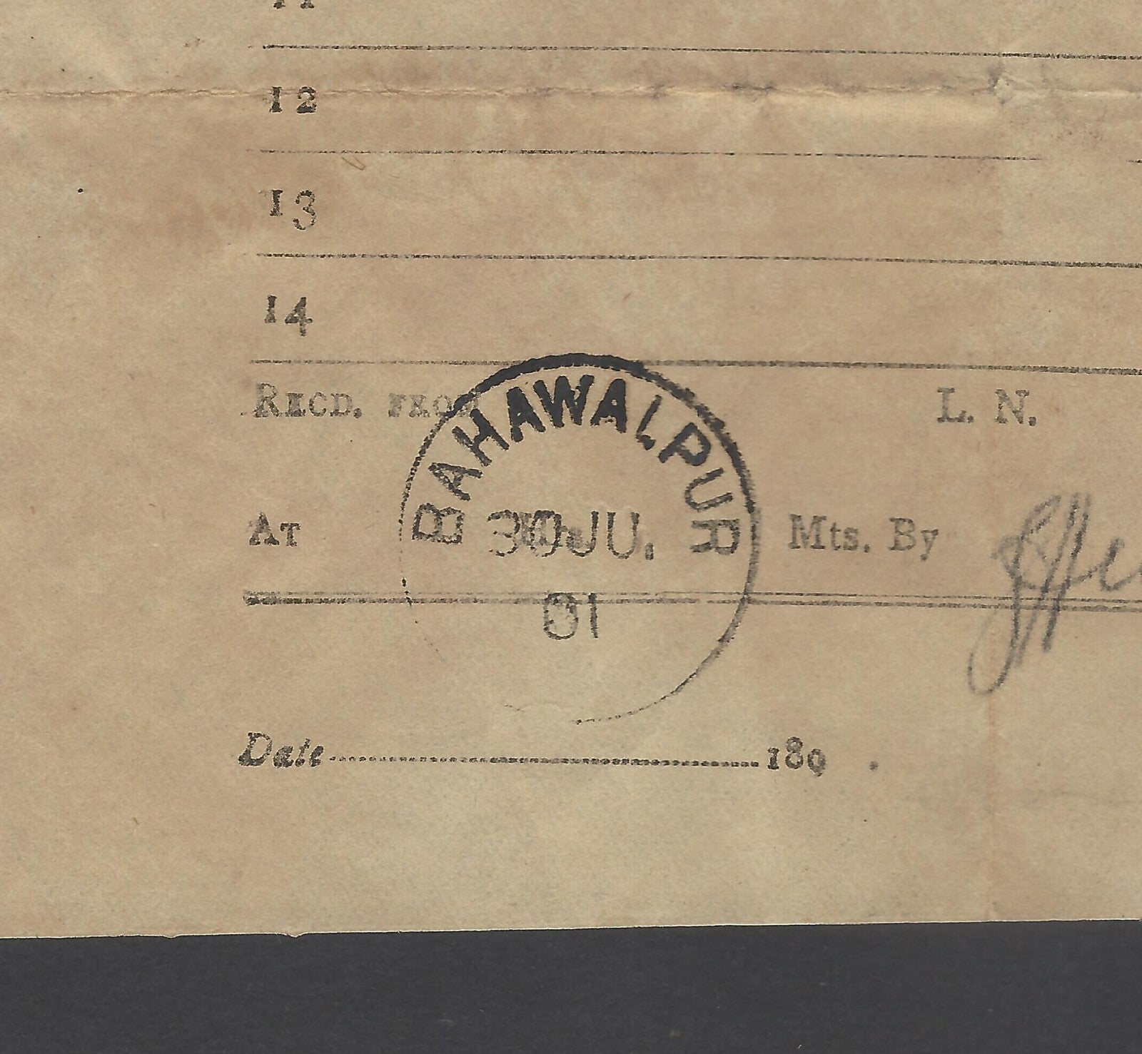 India 1901 telegram cancelled sc BAHAWALPUR