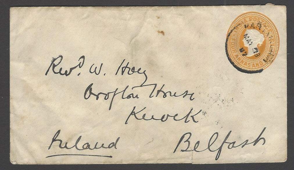 India Queen Victoria 4a6p yellow envelope used to Ireland