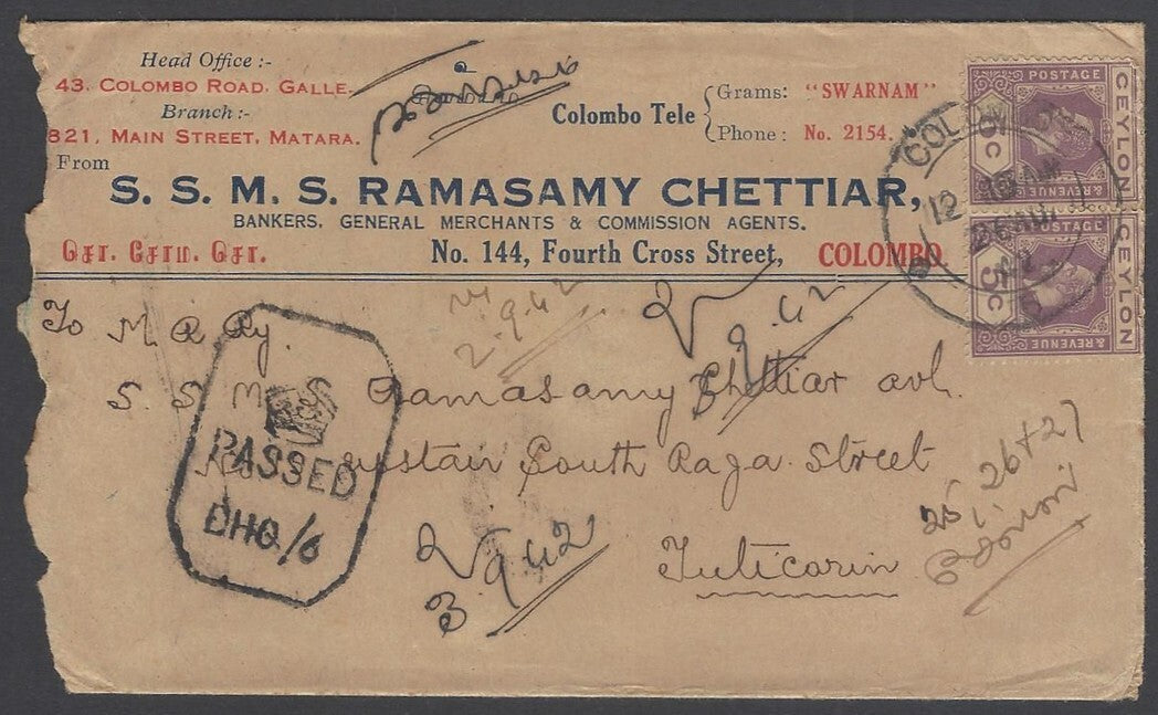 AOP Ceylon WW2 World War 2 censor hs on 1942 advertisement cover to India