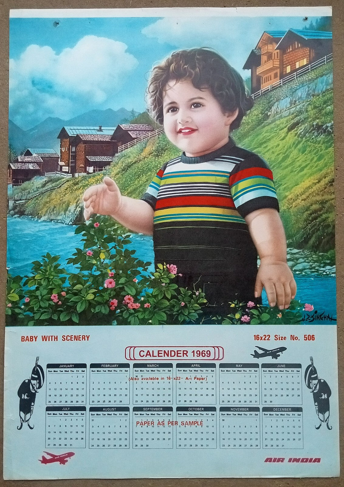 AIR INDIA 1969 poster calender 506 - BABY WITH SCENERY by J. P. SINGHAL - R