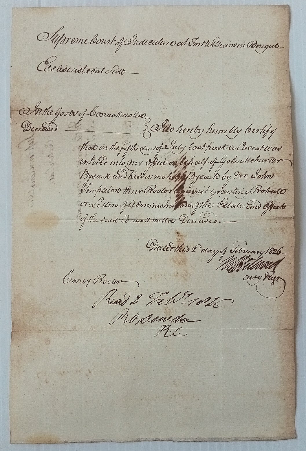 AOP India 1823 Supreme Court, Fort Williams, Calcutta document
