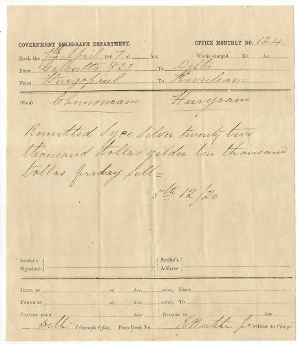India 1867 used Electric Telegram