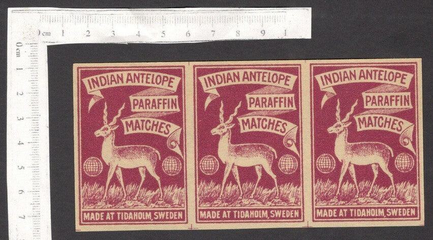 India 1930s-40s matchbox label  ANTELOPE uncut strip of 3 labels