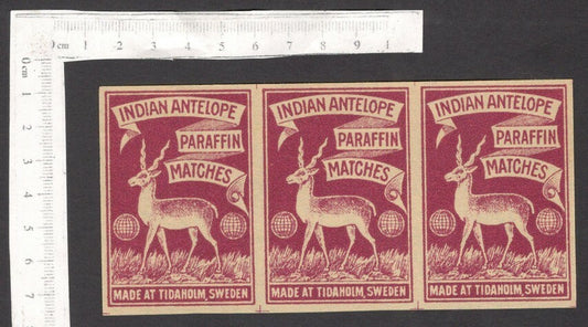 India 1930s-40s matchbox label  ANTELOPE uncut strip of 3 labels