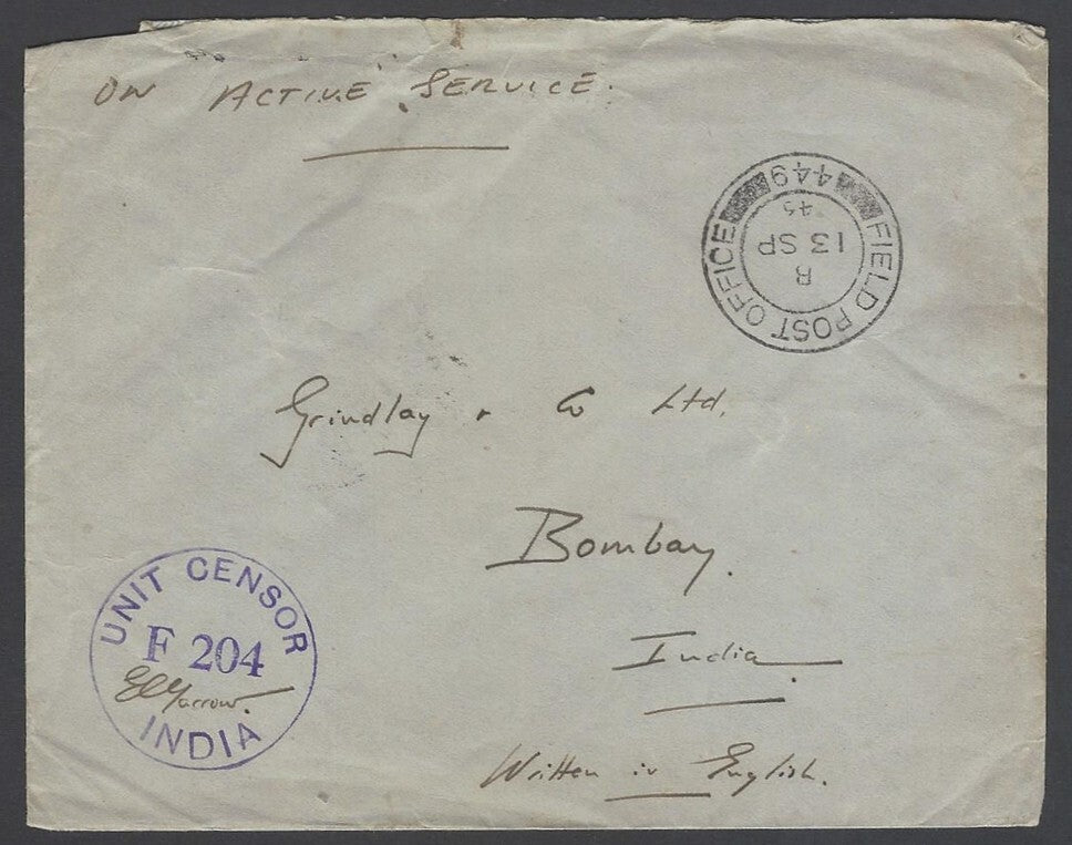 AOP India WW2 1945 On Active Service cover FPO 449 & Unit Censor F 204