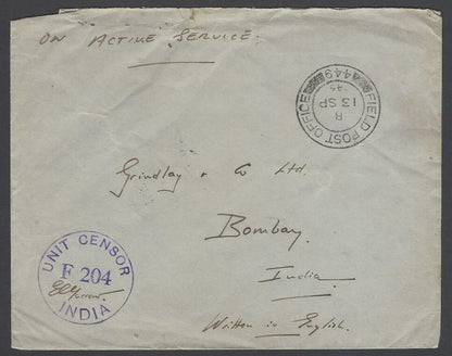 AOP India WW2 1945 On Active Service cover FPO 449 & Unit Censor F 204
