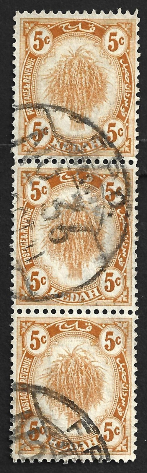 AOP Malaya KEDAH 5c orange strip of 3 canc. India Army Oct 1941 FPO No. 36 PERAK