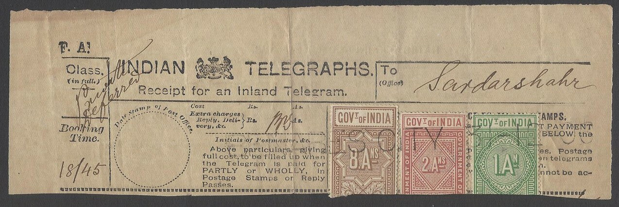 AOPIMT India 1906 Telegraph receipt with 3 colour franking canc BENARES CITY