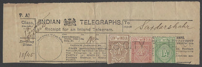 AOPIMT India 1906 Telegraph receipt with 3 colour franking canc BENARES CITY