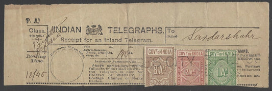 AOPIMT India 1906 Telegraph receipt with 3 colour franking canc BENARES CITY