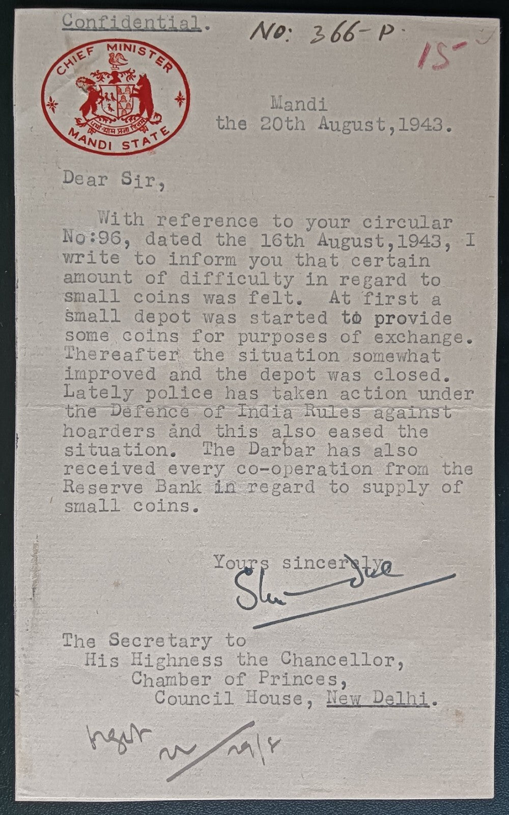 India 1943 crested letter CHIEF MINISTER / MANDI STATE signed