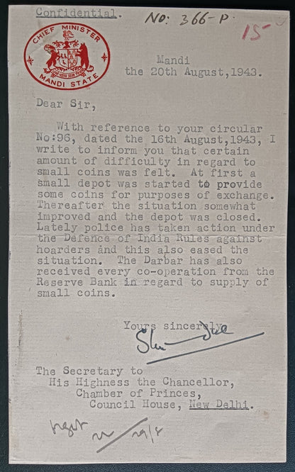 India 1943 crested letter CHIEF MINISTER / MANDI STATE signed