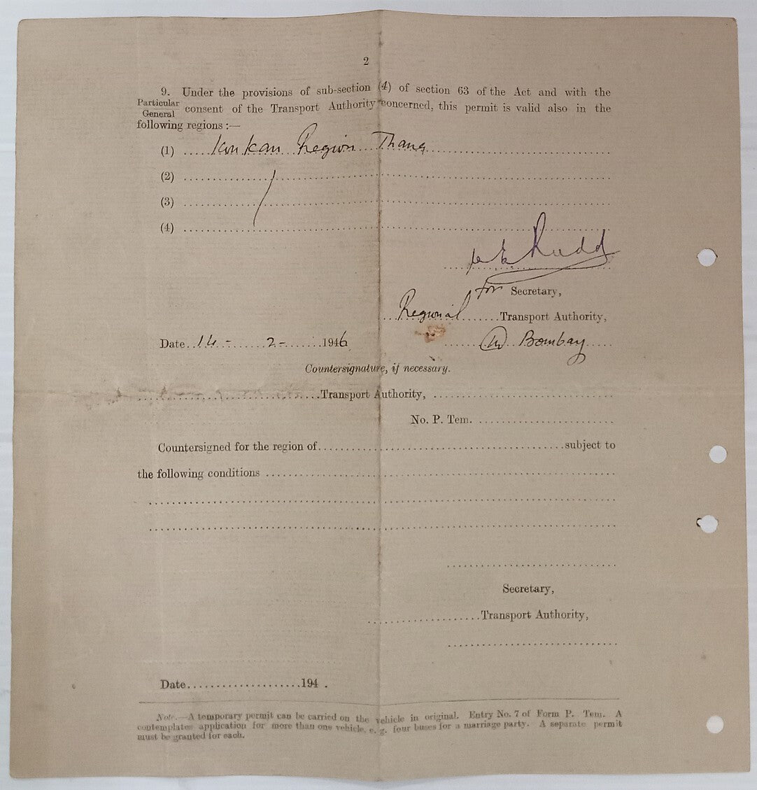AOP India 1940 MOTOR VEHICLES ACT Temporary Permit form used 1946
