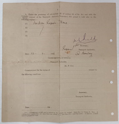 AOP India 1940 MOTOR VEHICLES ACT Temporary Permit form used 1946