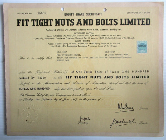 India Fit Tight Nuts & Bolts Ltd. 1967 share certificate
