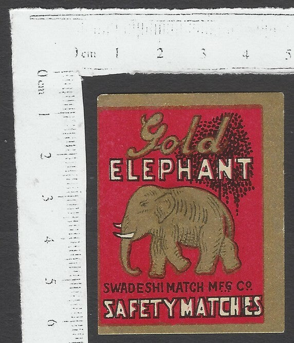 AOP India vintage matchbox label Gold Elephant by Swadeshi Match MFG. Co.