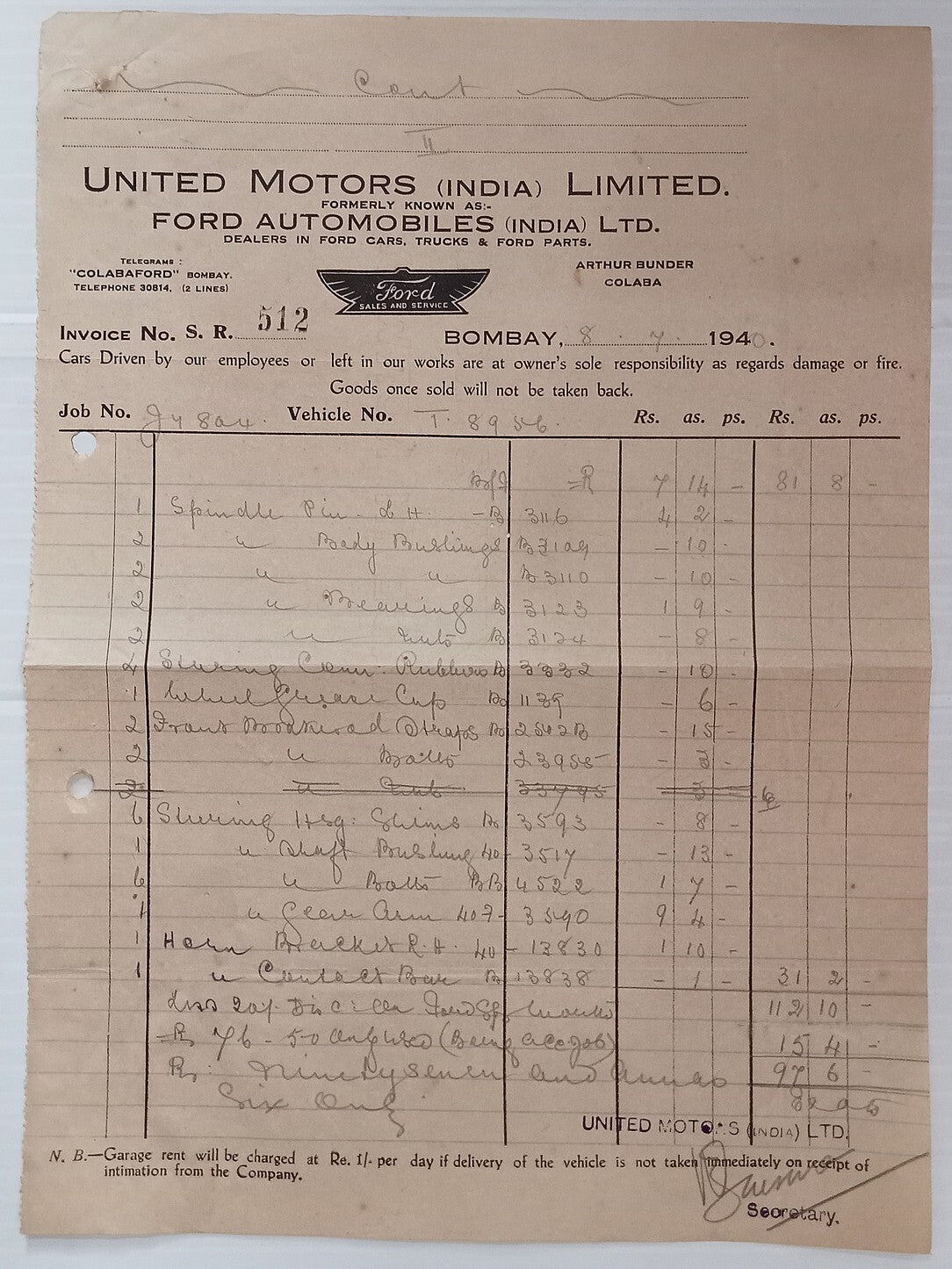 AOP India 1940 billhead FORD AUTOMOBILES (INDIA) LTD., Bombay