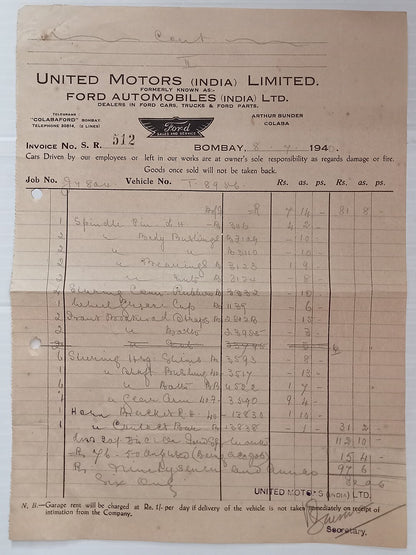AOP India 1940 billhead FORD AUTOMOBILES (INDIA) LTD., Bombay