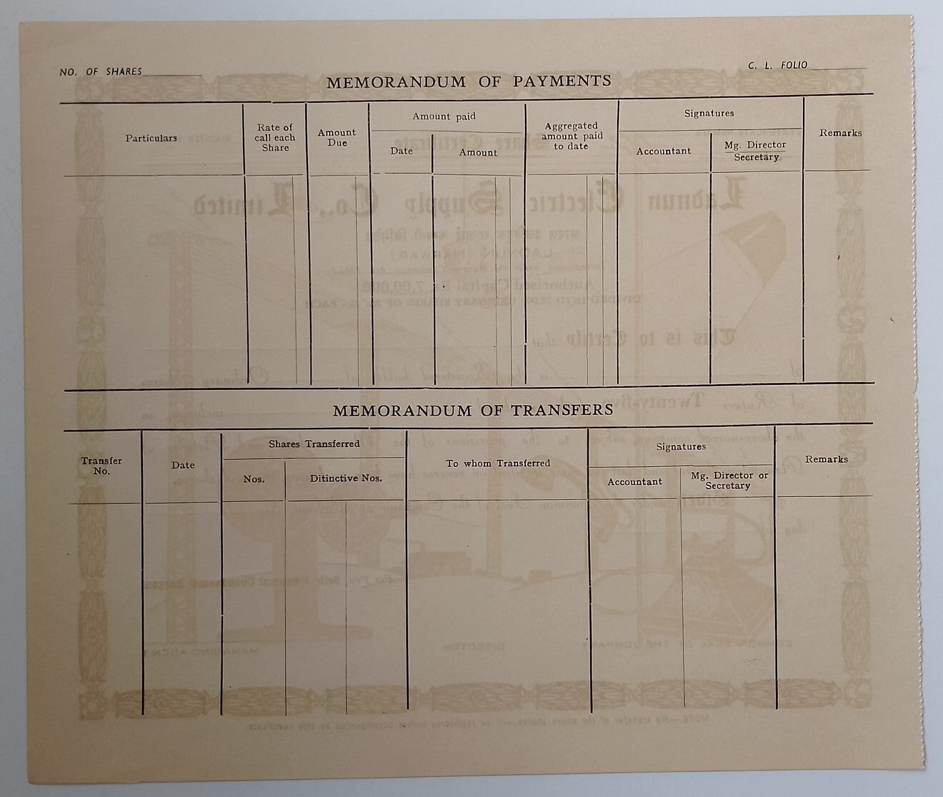 (AOP) India share certificate LADNUN ELECTRIC SUPPLY CO. LTD. 1940s unused