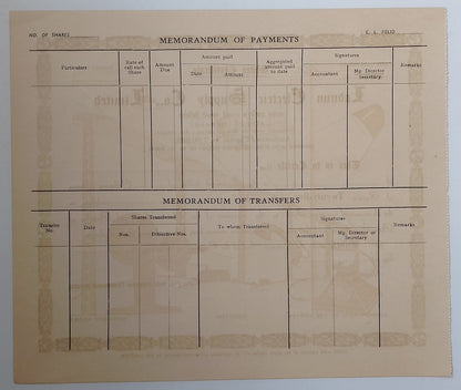 (AOP) India share certificate LADNUN ELECTRIC SUPPLY CO. LTD. 1940s unused