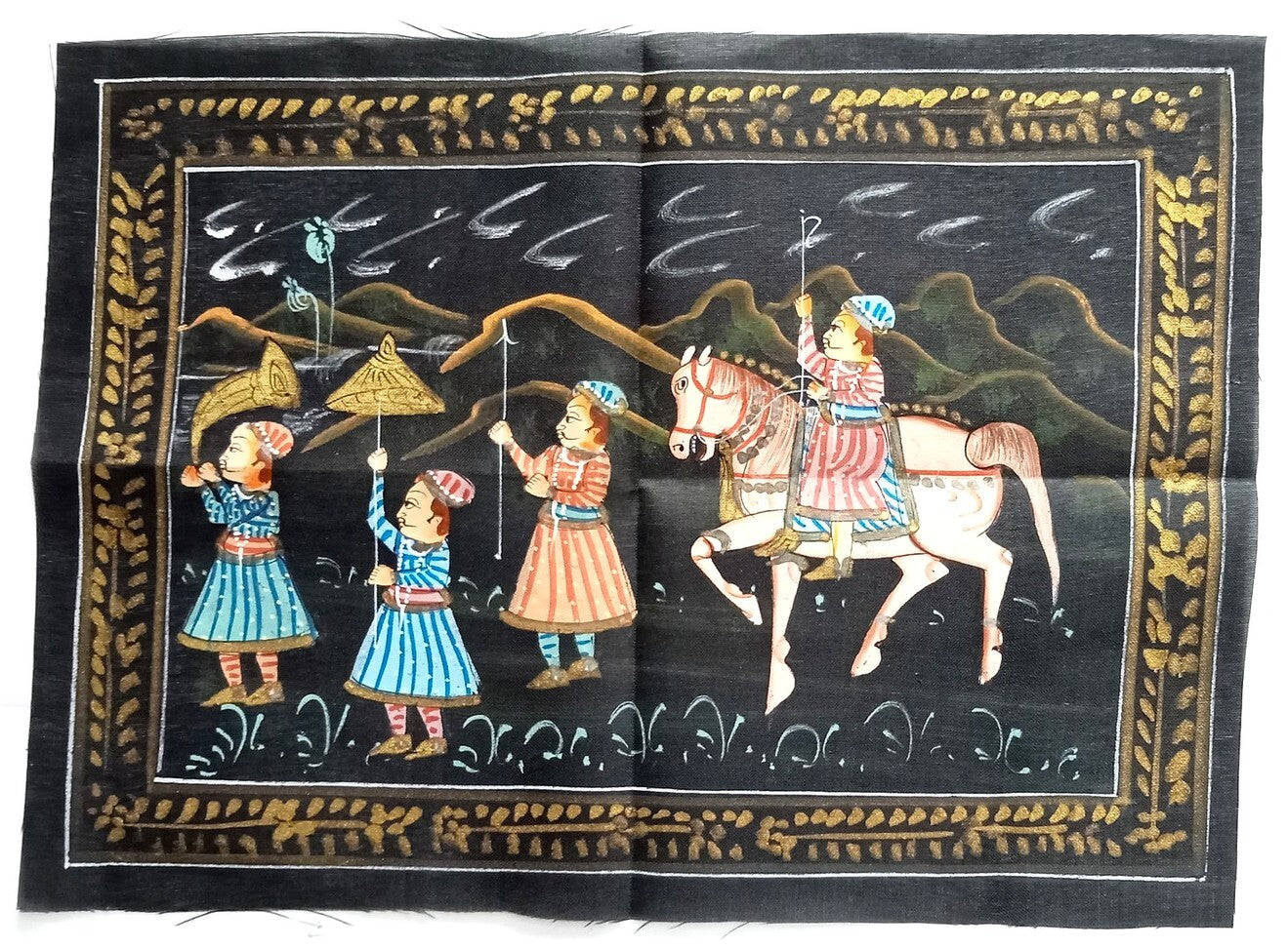 India Mughal Scene hand painted on black cloth 22 x32 cm