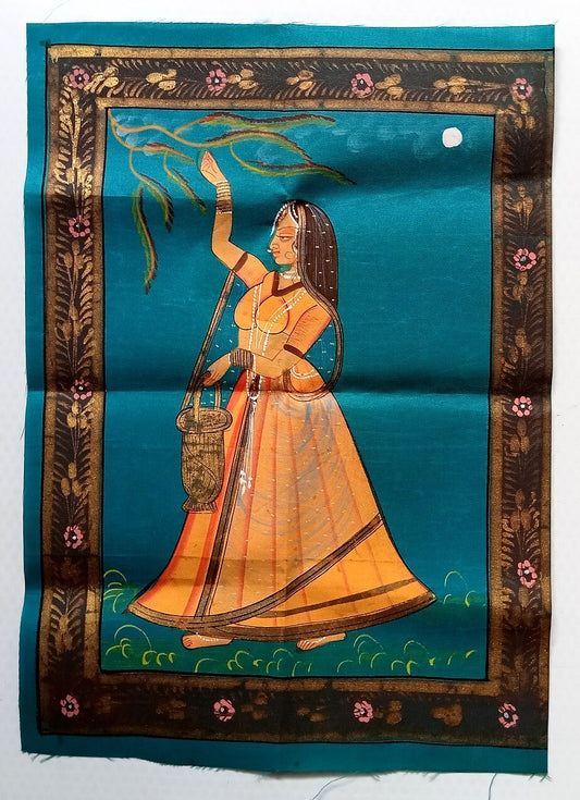 India vintage hand painting on cloth INDIAN GIRL 10 x 13 inches