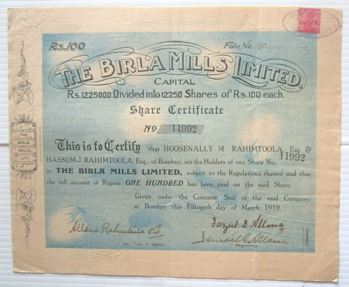 India The Birla Mills 1919 share certificate No- 11992