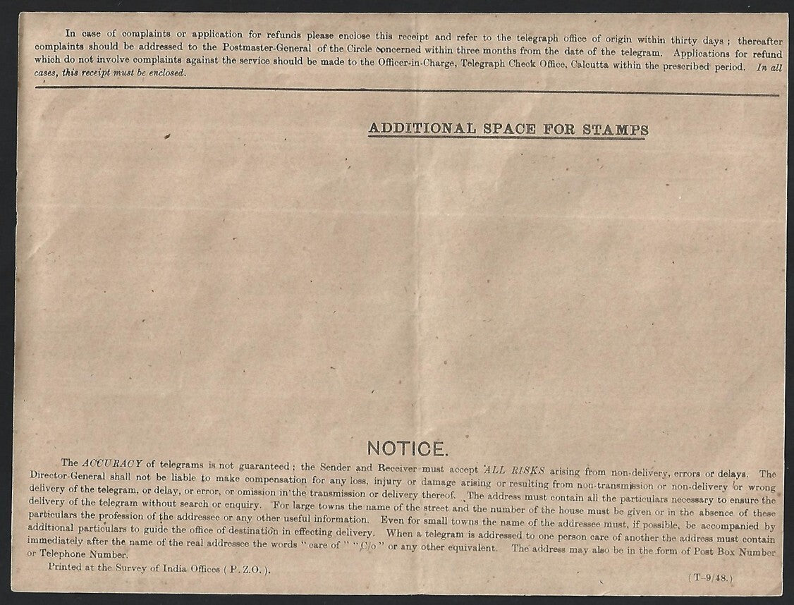 India 1948 mint telegram printed by SURVEY OF INDIA