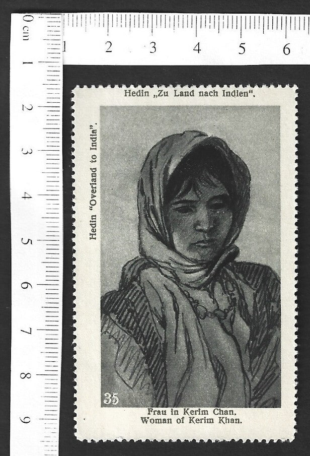 Vintage OVERLAND TO INDIA poster stamp - WOMAN OF KERIM KHAN zaz