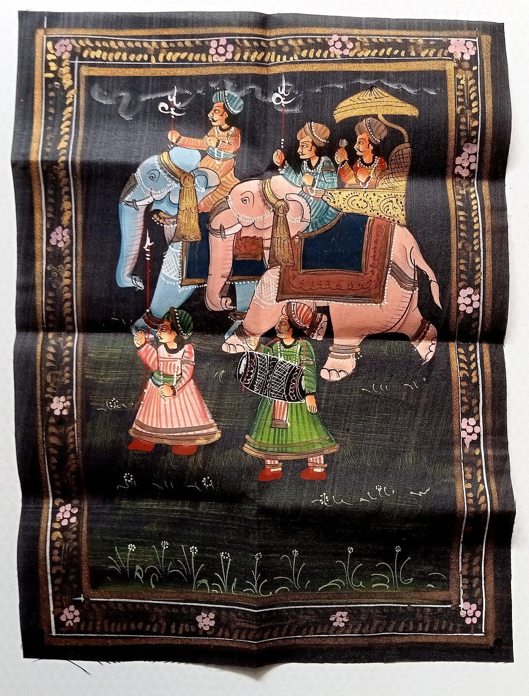 India vintage painting on cloth RAJAH ON ELEPHANT 9 x 12 inches