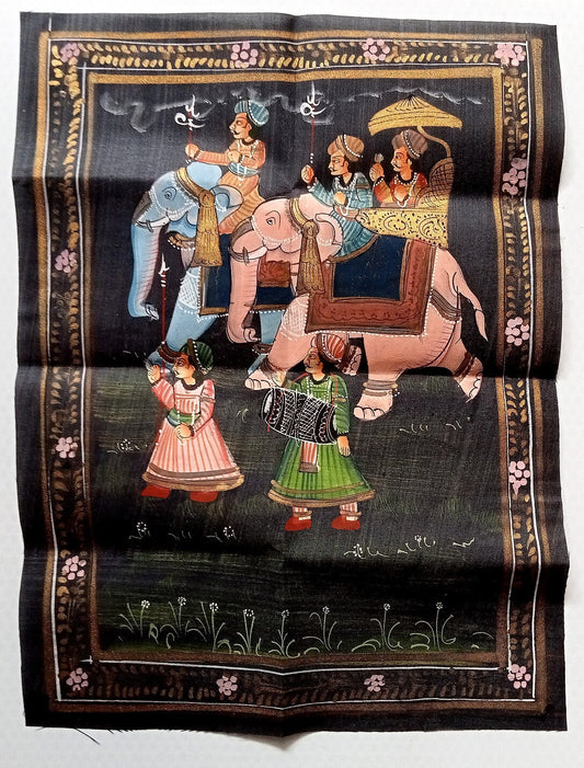 India vintage painting on cloth RAJAH ON ELEPHANT 9 x 12 inches