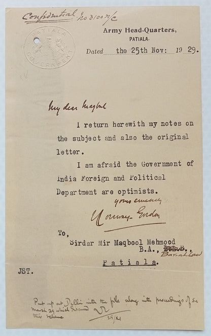 PATIALA STATE ARMY HEAD-QUARTERS letterhead 1929 India