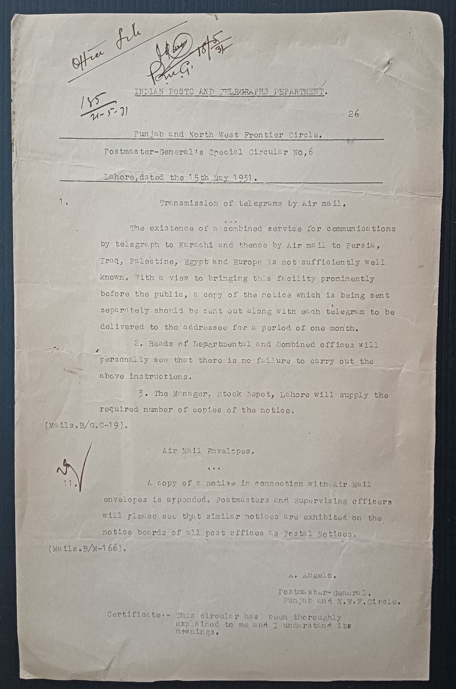 India 1929 PG'S POSTAL CIRCULAR Iransmission of Telegrams by Air Mail