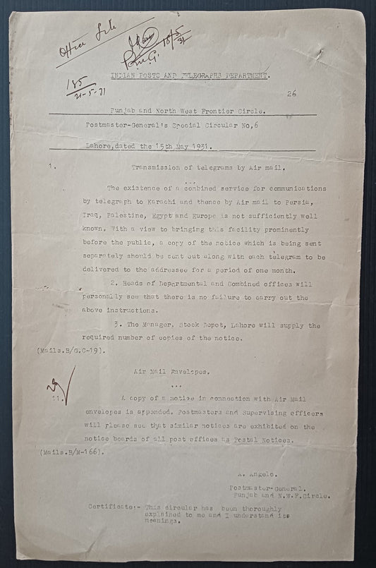 India 1929 PG'S POSTAL CIRCULAR Iransmission of Telegrams by Air Mail