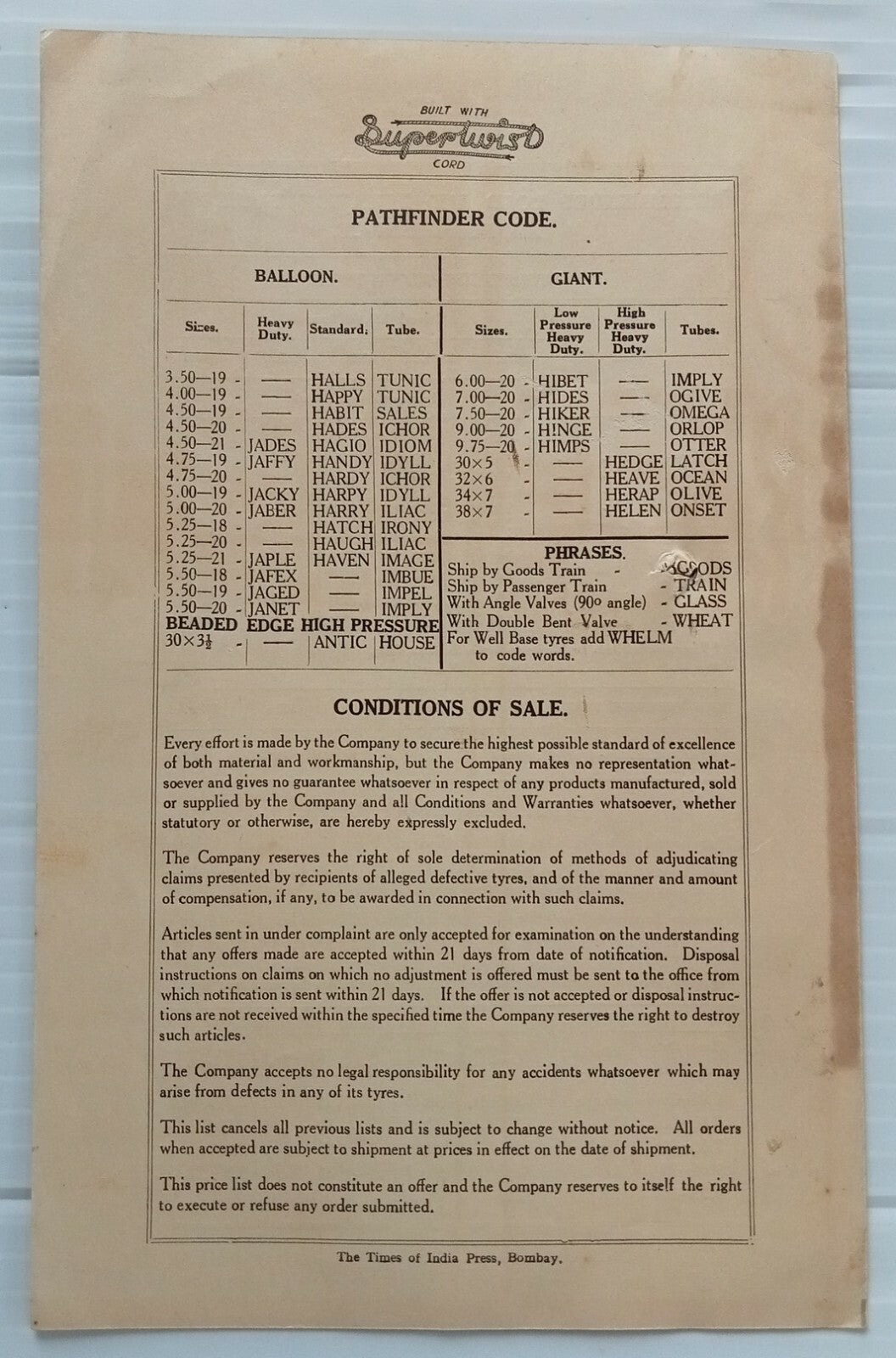 AOP india Feb 1935 GOODYEAR India Tyres Price List