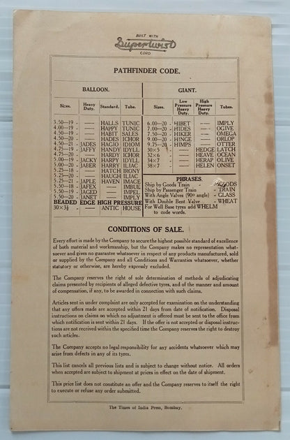 AOP india Feb 1935 GOODYEAR India Tyres Price List