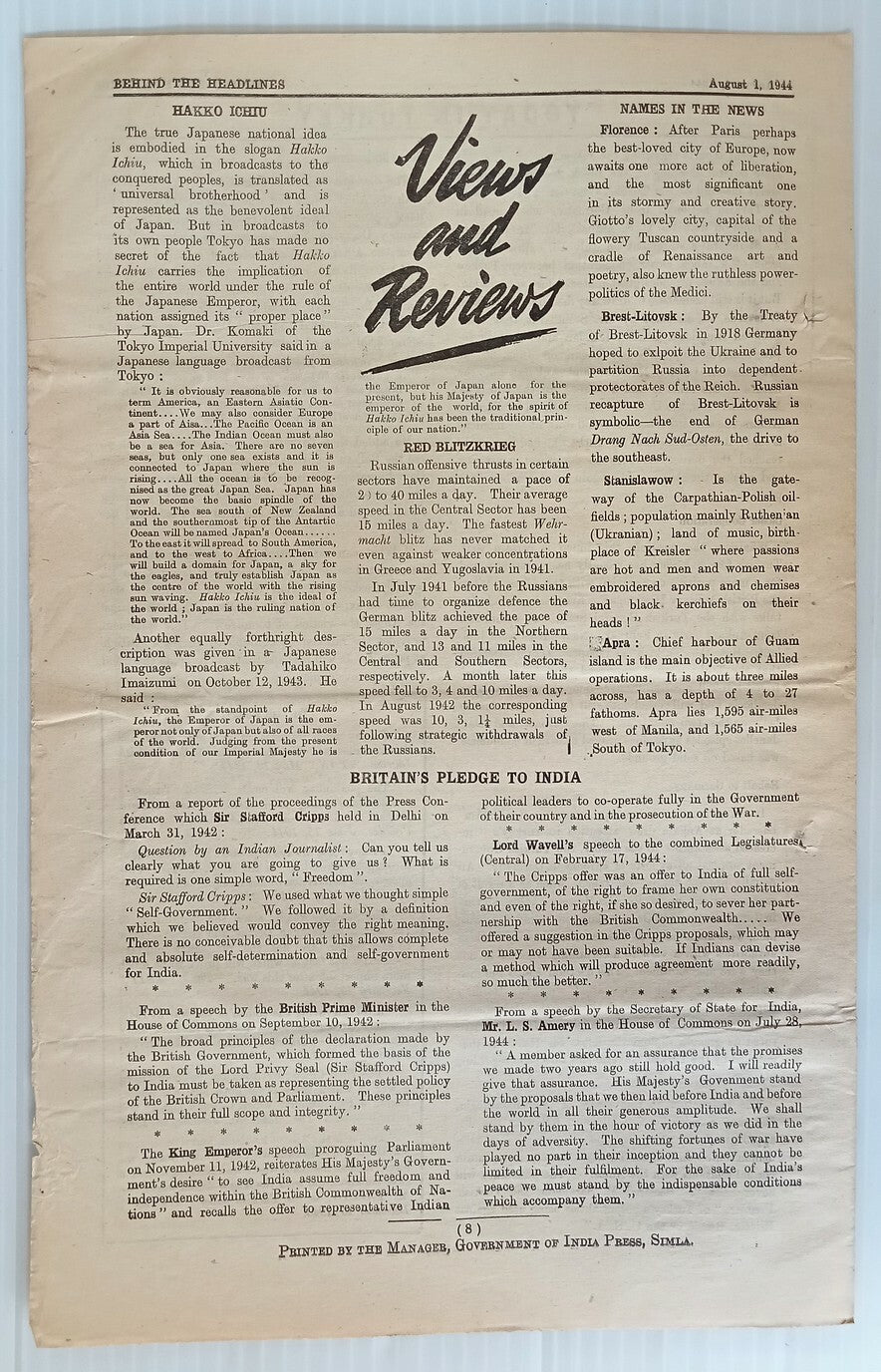 India 1944 WW2 Propaganda rag BEHIND THE HEADLINES BRITAN'S PLEDGE TO INDIA 8pgs